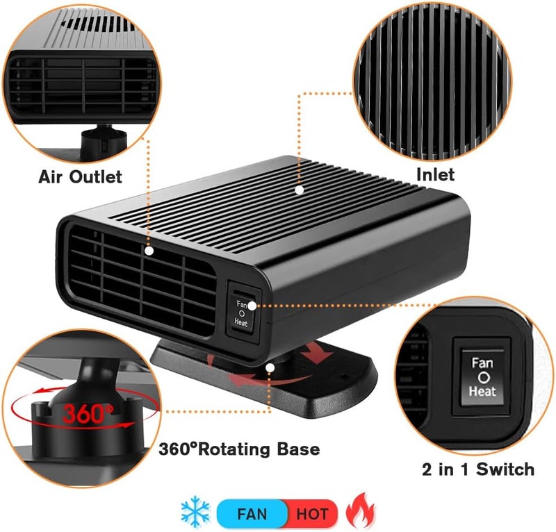 Fun Gift 12V Portable Heater for Car, 2 in 1 Fast Heating & Cooling Fan Defrost Defogger, 150W Car Heater Defroster Automobile Windscreen Fan with 360° Rotatable Base, Black - Image 2
